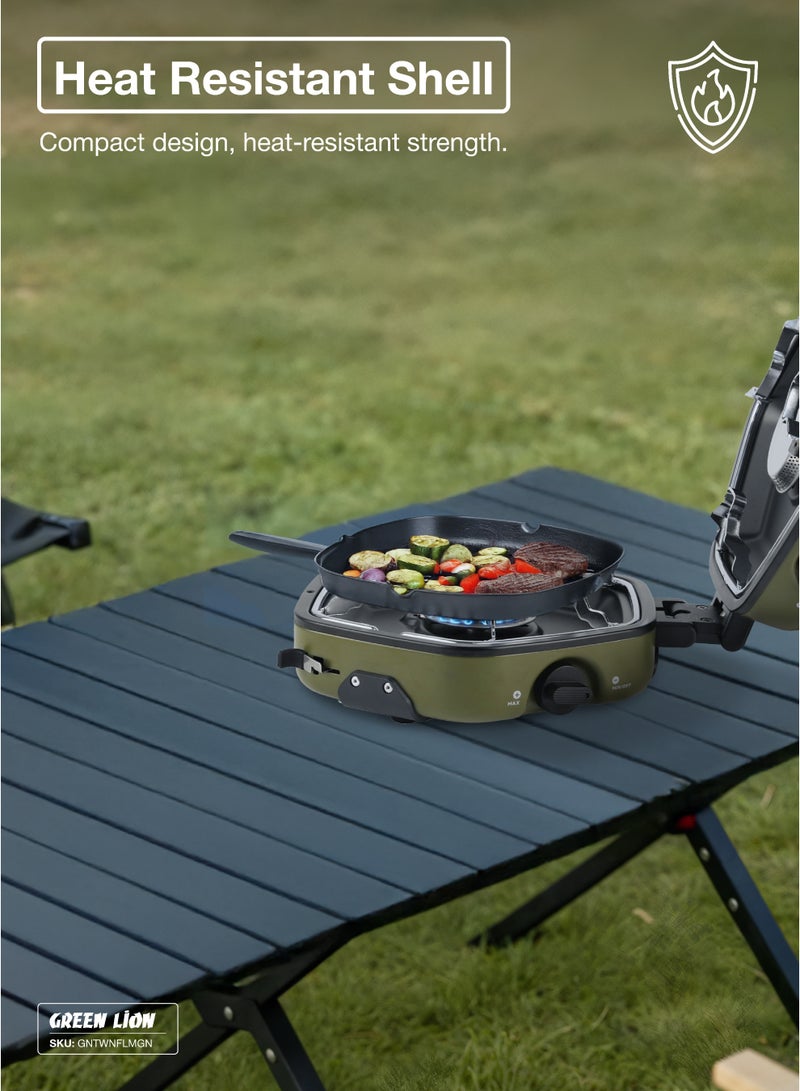 جرين ليون موقد تخييم قابل للطي بشعلتين / حقيبة تخزين متضمنة / موقد من الفولاذ المقاوم للصدأ / إشعال كهربائي / غلاف مقاوم للحرارة / مناسب للتخييم / مقابض تعديل / تصميم قابل للطي / رف غير قابل للانزلاق - أخضر - Image 5