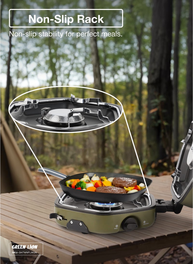 جرين ليون موقد تخييم قابل للطي بشعلتين / حقيبة تخزين متضمنة / موقد من الفولاذ المقاوم للصدأ / إشعال كهربائي / غلاف مقاوم للحرارة / مناسب للتخييم / مقابض تعديل / تصميم قابل للطي / رف غير قابل للانزلاق - أخضر - Image 3