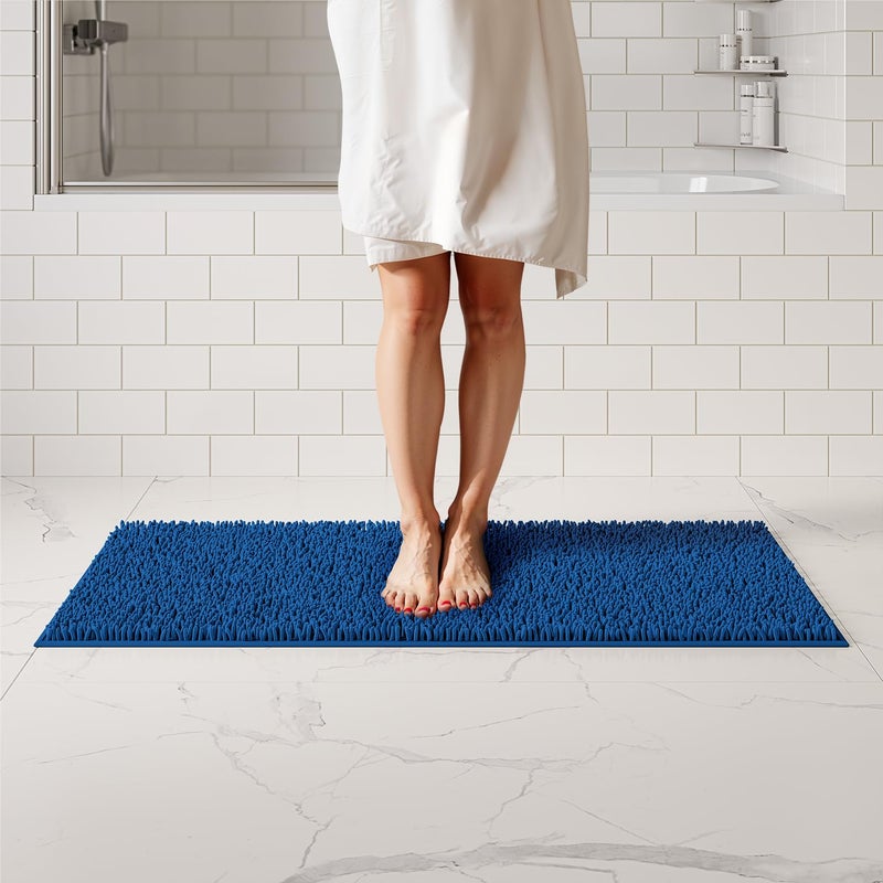 ITSOFT Plush Bathroom Rug 47x21 Absorbent Machine Washable Non Slip Chenille Bath Mats Quick Dry Bathmat Bath Rugs for Bath Shower Bedroom or Door Mat Dark Blue