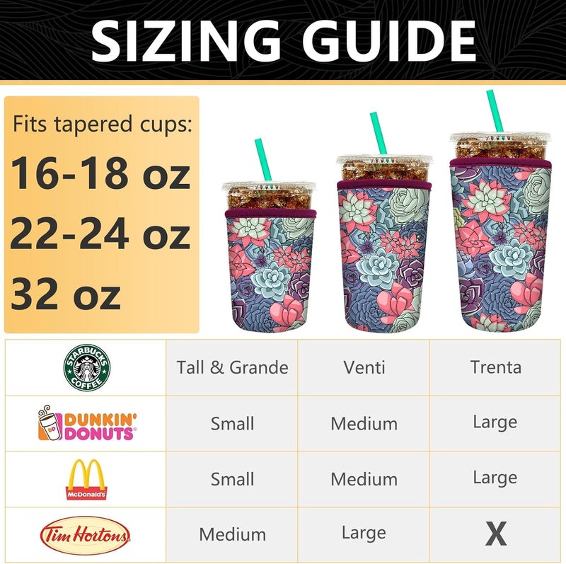 واي آر Reusable Neoprene Insulator Sleeve for Iced Coffee Cups, 3 Pack Coffee Coolies sleeves for Iced  Hot Drinks, Cold Beverage Cooler Compatible with Starbucks Coffee and More (Succulent) - Image 3
