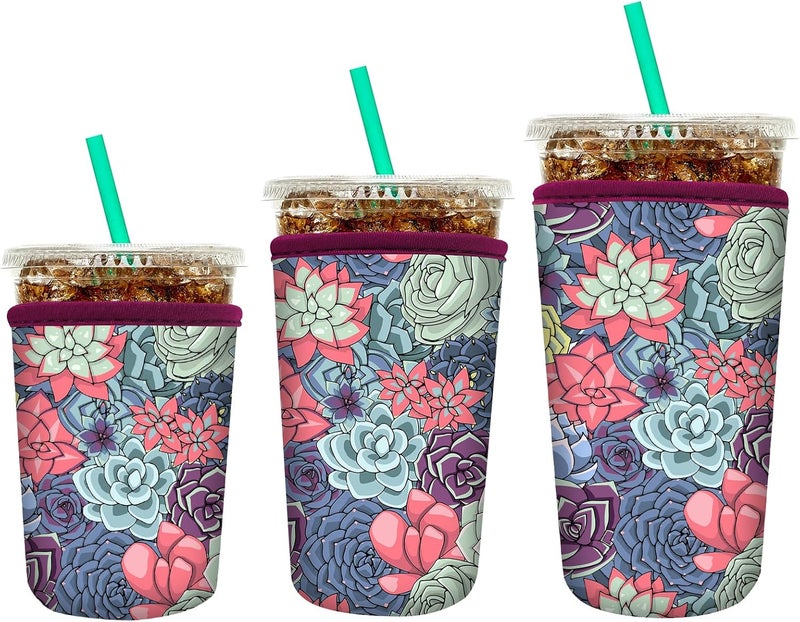 واي آر Reusable Neoprene Insulator Sleeve for Iced Coffee Cups, 3 Pack Coffee Coolies sleeves for Iced  Hot Drinks, Cold Beverage Cooler Compatible with Starbucks Coffee and More (Succulent) - Image 1