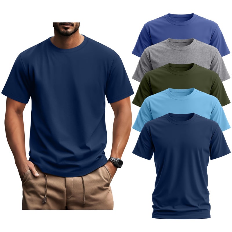 Ficerd 5 Pack Men's Big and Tall Shirts Short Sleeve Cotton Tee Summer Crew Neck Oversize Top Loose Fit Shirt Multipack(Large,Royal Blue, Light Gray, Army Green, Blue, Haze Blue) - Image 1