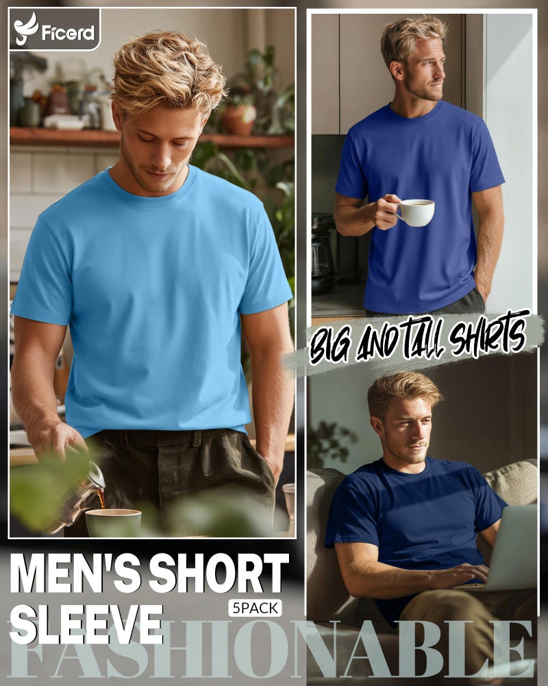 Ficerd 5 Pack Men's Big and Tall Shirts Short Sleeve Cotton Tee Summer Crew Neck Oversize Top Loose Fit Shirt Multipack(Large,Royal Blue, Light Gray, Army Green, Blue, Haze Blue) - Image 3