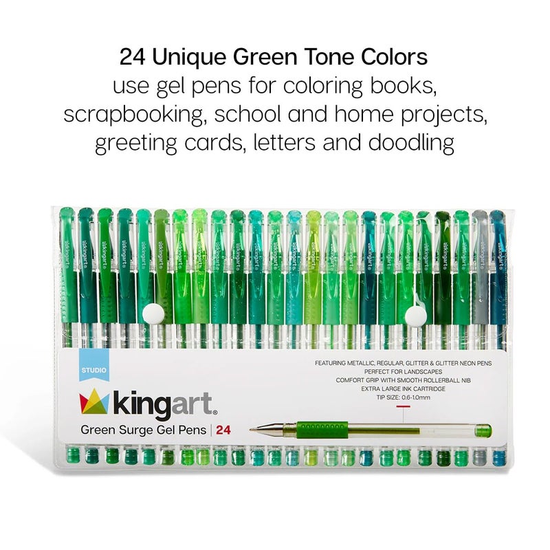 KINGART Green Tones Rollerball Gel Pens, Set of 24 Colors, XL Ink Cartridge - More Ink, All Ages, Writing, Coloring, Doodling, Scrapbooking, Journaling & More - Image 2