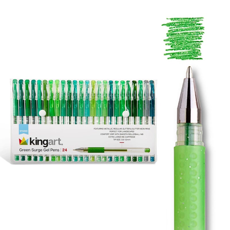 KINGART Green Tones Rollerball Gel Pens, Set of 24 Colors, XL Ink Cartridge - More Ink, All Ages, Writing, Coloring, Doodling, Scrapbooking, Journaling & More - Image 1
