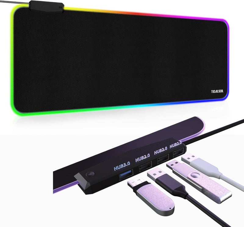 TIDALSOIL RGB Large Gaming Mouse Pad with 4Port USB Hub and 13Lighting Modes, Computer Keyboard Mouse Pad, Oversize Anti-Slip Rubber Base Mouse Mat for Computer PC Games (31.5 x 11.81 in Black,0.15in Thick) - Image 1