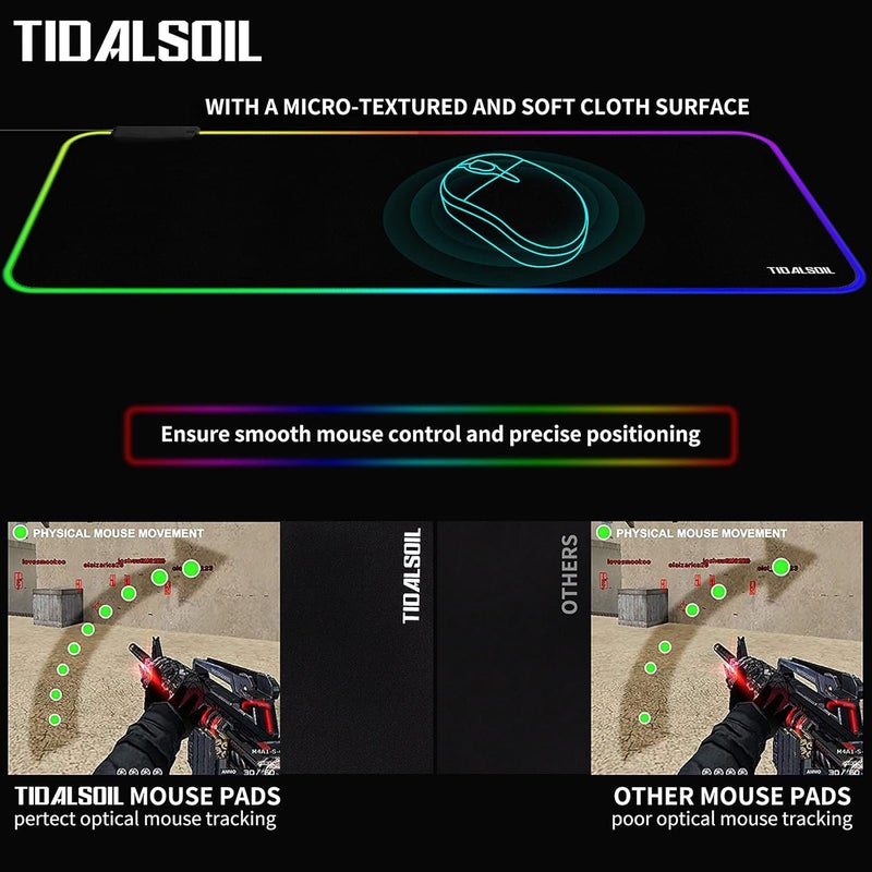 TIDALSOIL RGB Large Gaming Mouse Pad with 4Port USB Hub and 13Lighting Modes, Computer Keyboard Mouse Pad, Oversize Anti-Slip Rubber Base Mouse Mat for Computer PC Games (31.5 x 11.81 in Black,0.15in Thick) - Image 4