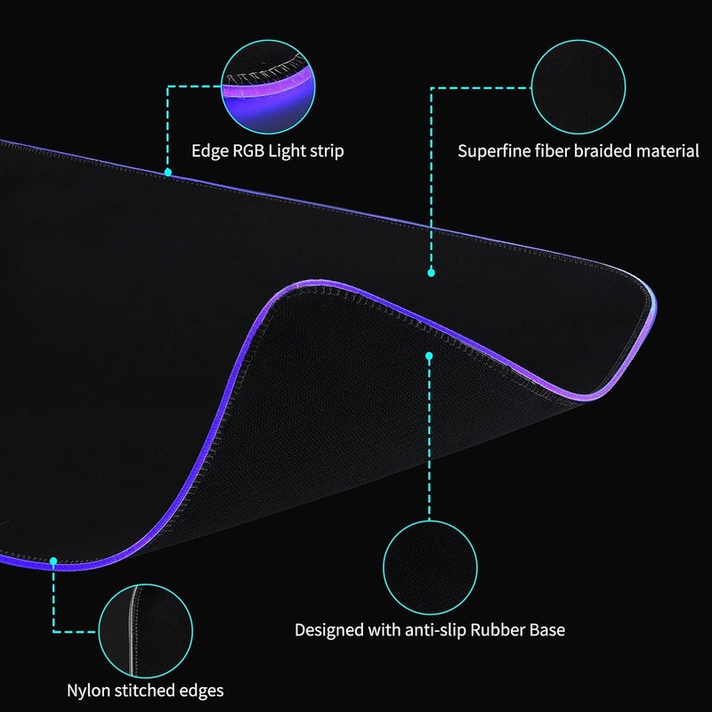TIDALSOIL RGB Large Gaming Mouse Pad with 4Port USB Hub and 13Lighting Modes, Computer Keyboard Mouse Pad, Oversize Anti-Slip Rubber Base Mouse Mat for Computer PC Games (31.5 x 11.81 in Black,0.15in Thick) - Image 5