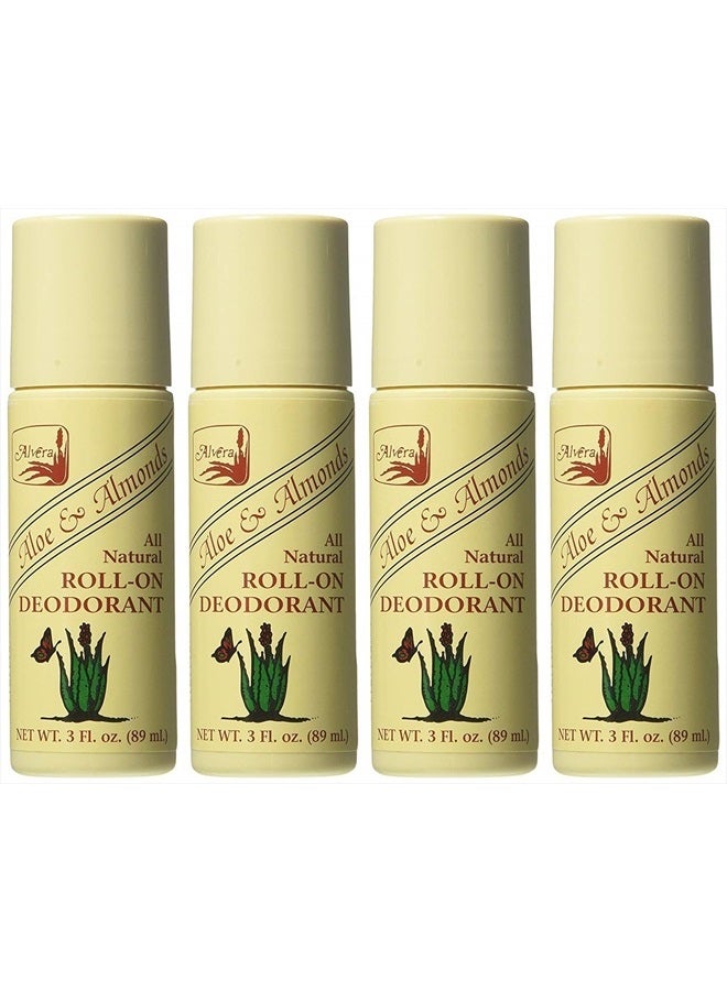 ALVERA All Natural Roll-On Deodorant Aloe & Almonds - 3 Fl Oz, 4 pack - Image 1