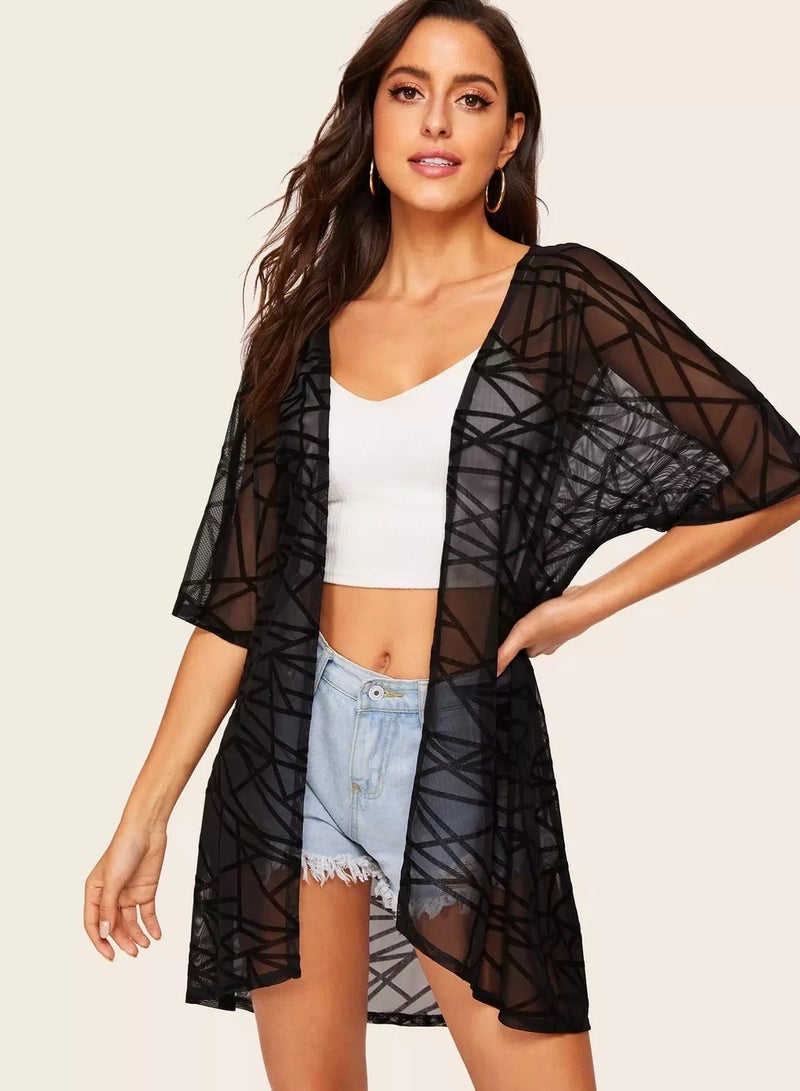 Open Front Geo Print Sheer Kimono - Image 1