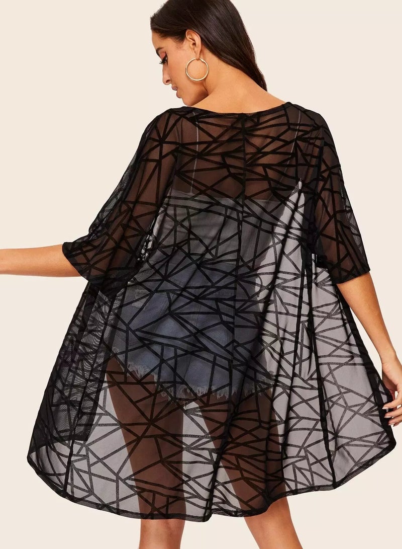 Open Front Geo Print Sheer Kimono - Image 2
