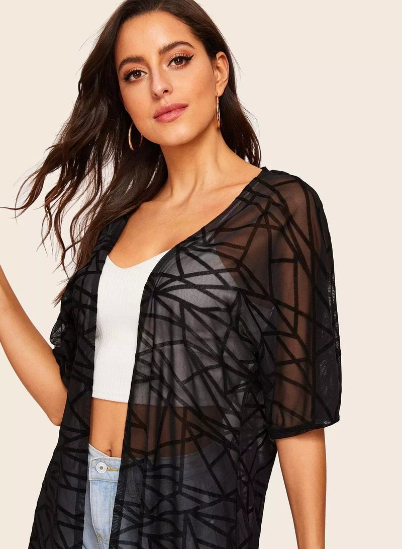 Open Front Geo Print Sheer Kimono - Image 3