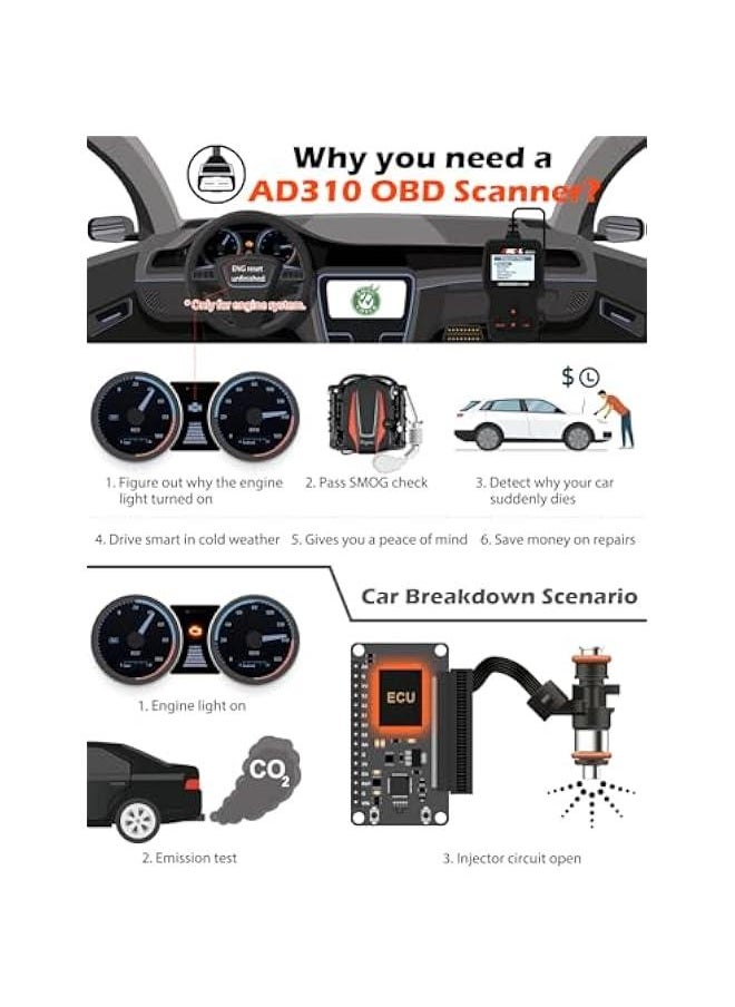 Generic - AD310 Classic Enhanced Universal OBD II Scanner Car Engine Fault Code Reader CAN Diagnostic Scan Tool, Read and Clear Error Codes for 1996 or Newer OBD2 Protocol Vehicle (Black) - Image 1