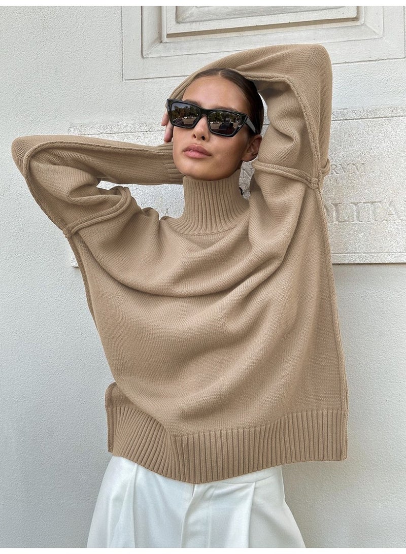 NIBEMINENT Women's Turtleneck Sweater Autumn Winter  Casual Loose Lazy Thickened Knit Pullover Top - Image 2