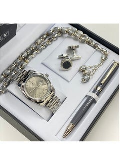 A wonderful stainless steel men's set consisting of a watch, a rosary, a pen and cufflinks half steel
