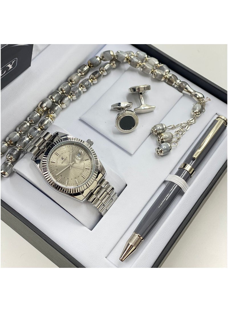 Rivoly - A wonderful stainless steel men's set consisting of a watch, a rosary, a pen and cufflinks half steel - Image 1