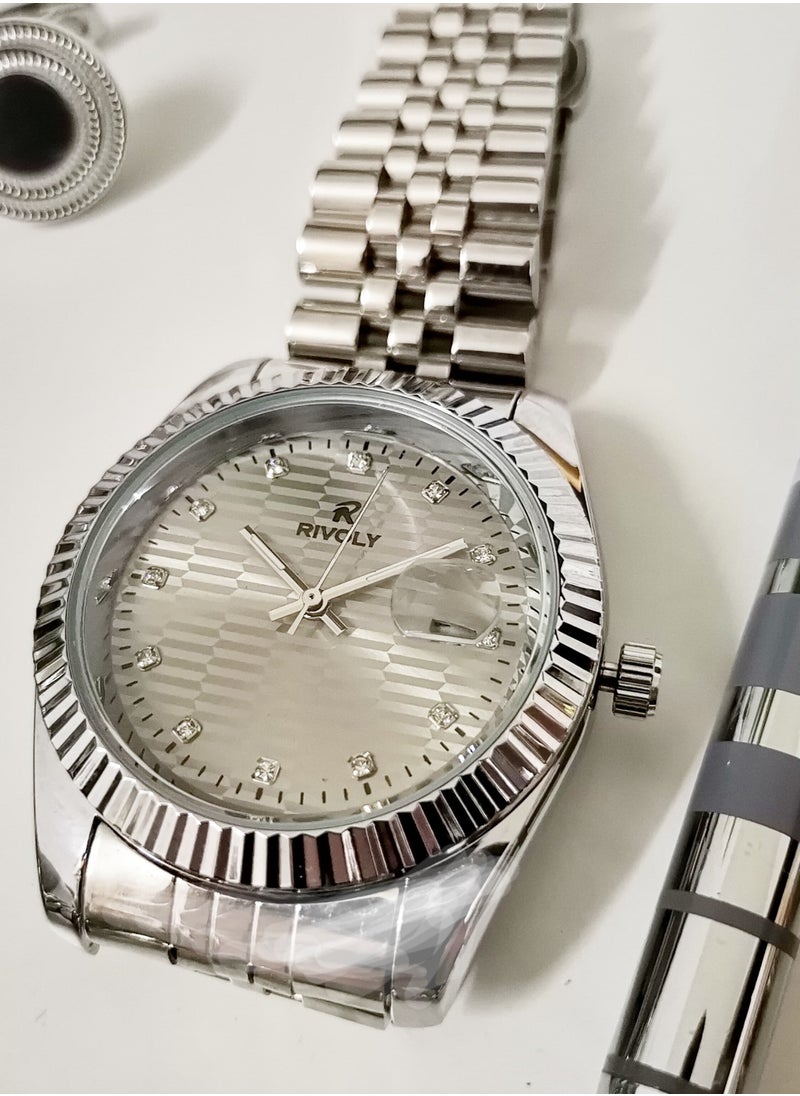 Rivoly - A wonderful stainless steel men's set consisting of a watch, a rosary, a pen and cufflinks half steel - Image 1