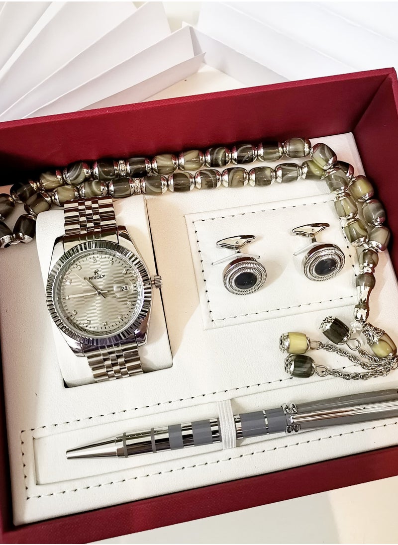 Rivoly - A wonderful stainless steel men's set consisting of a watch, a rosary, a pen and cufflinks half steel - Image 1