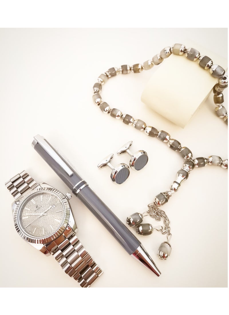 Rivoly - A wonderful stainless steel men's set consisting of a watch, a rosary, a pen and cufflinks half steel - Image 1