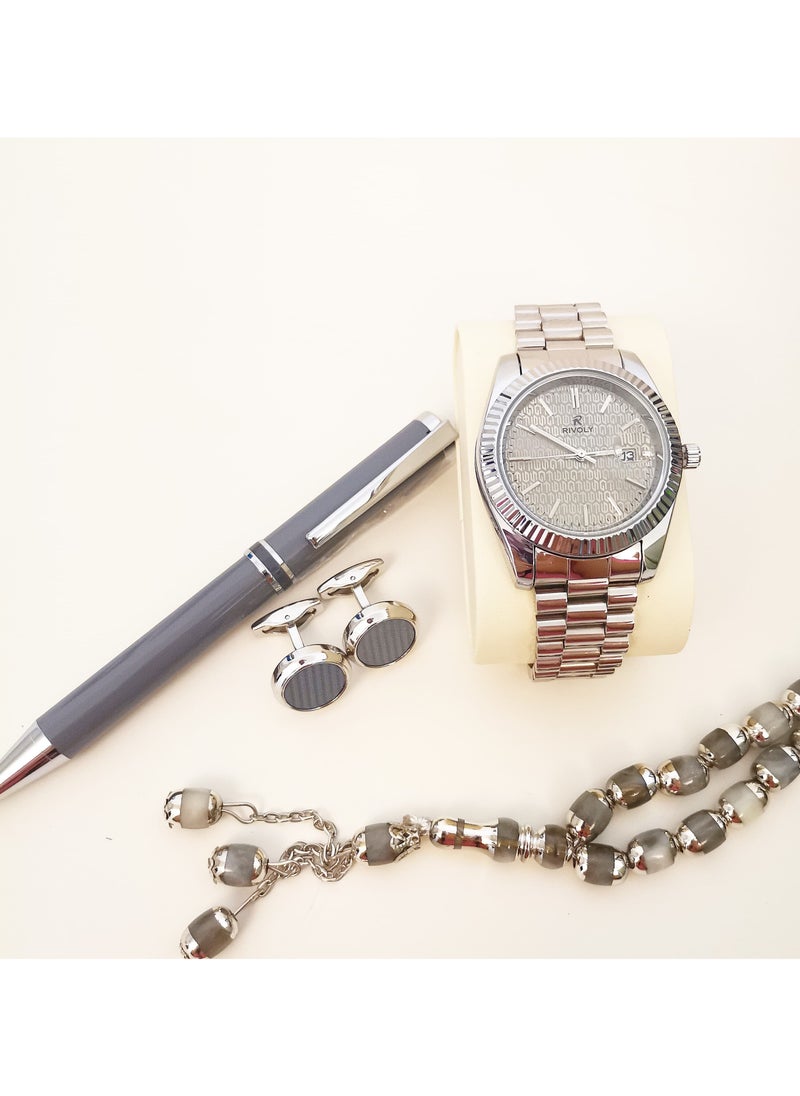 Rivoly - A wonderful stainless steel men's set consisting of a watch, a rosary, a pen and cufflinks half steel - Image 1
