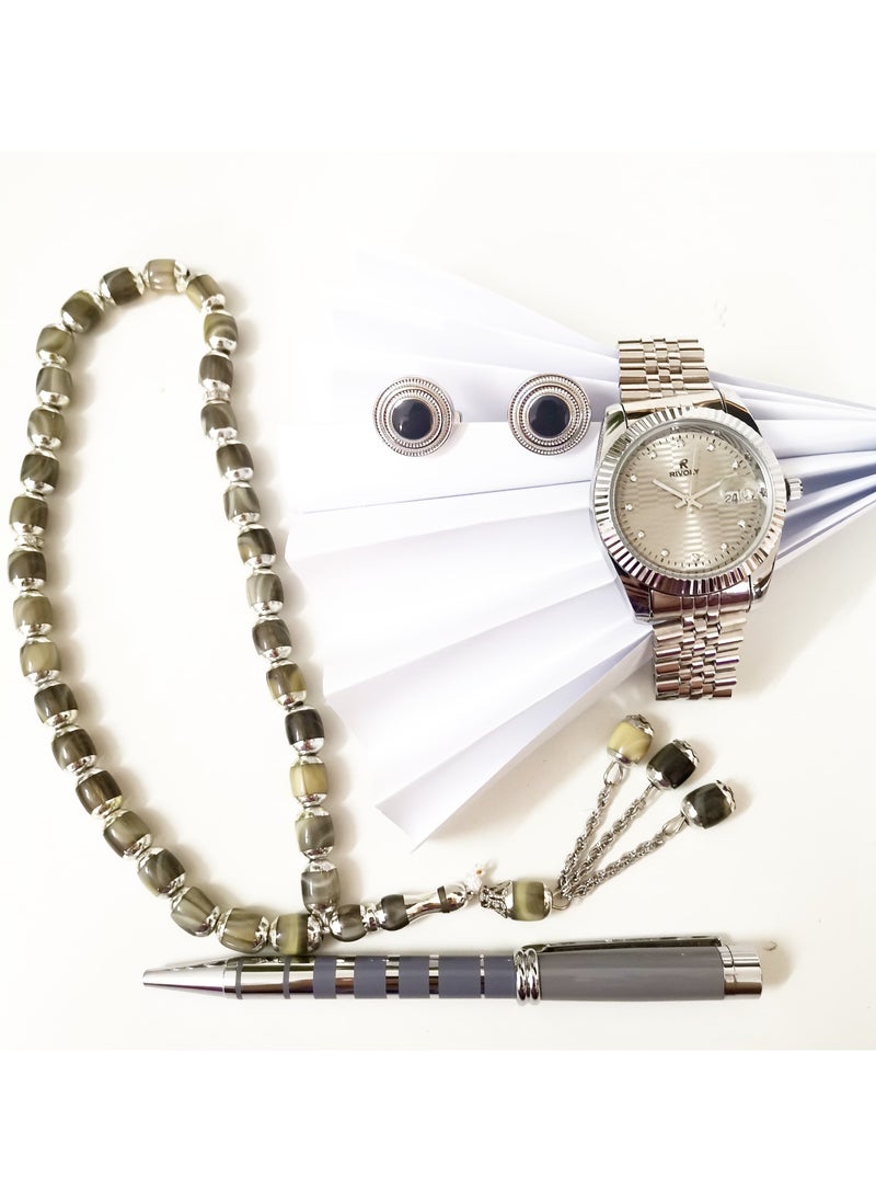 Rivoly - A wonderful stainless steel men's set consisting of a watch, a rosary, a pen and cufflinks half steel - Image 1