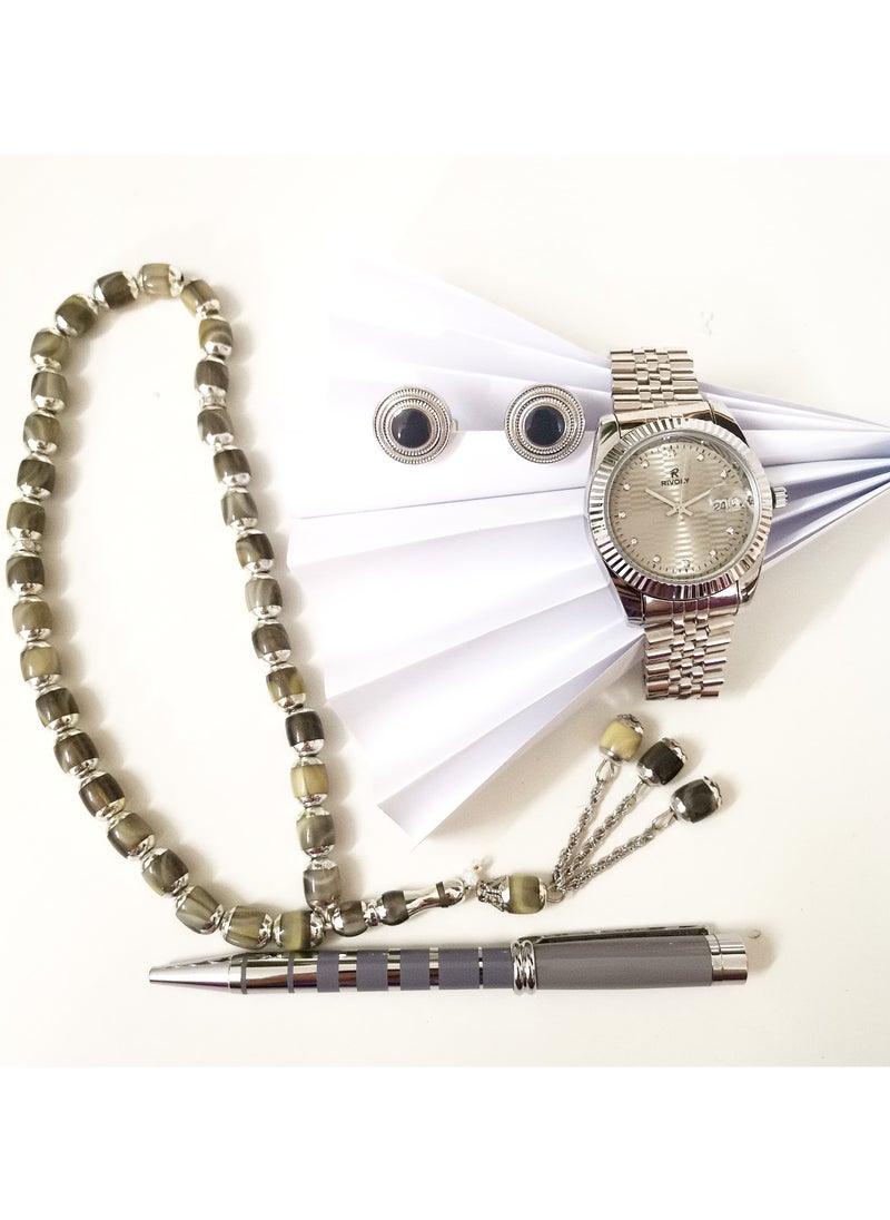 Rivoly - A wonderful stainless steel men's set consisting of a watch, a rosary, a pen and cufflinks half steel - Image 1