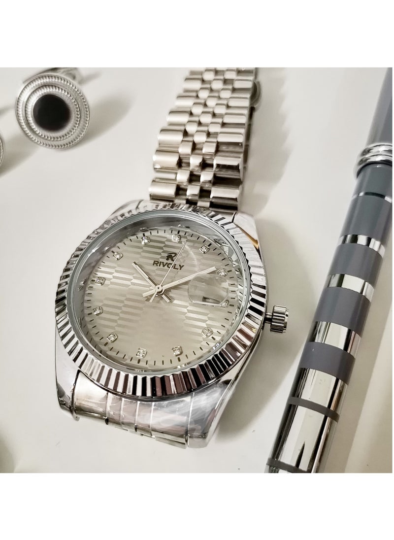 Rivoly - A wonderful stainless steel men's set consisting of a watch, a rosary, a pen and cufflinks half steel - Image 1