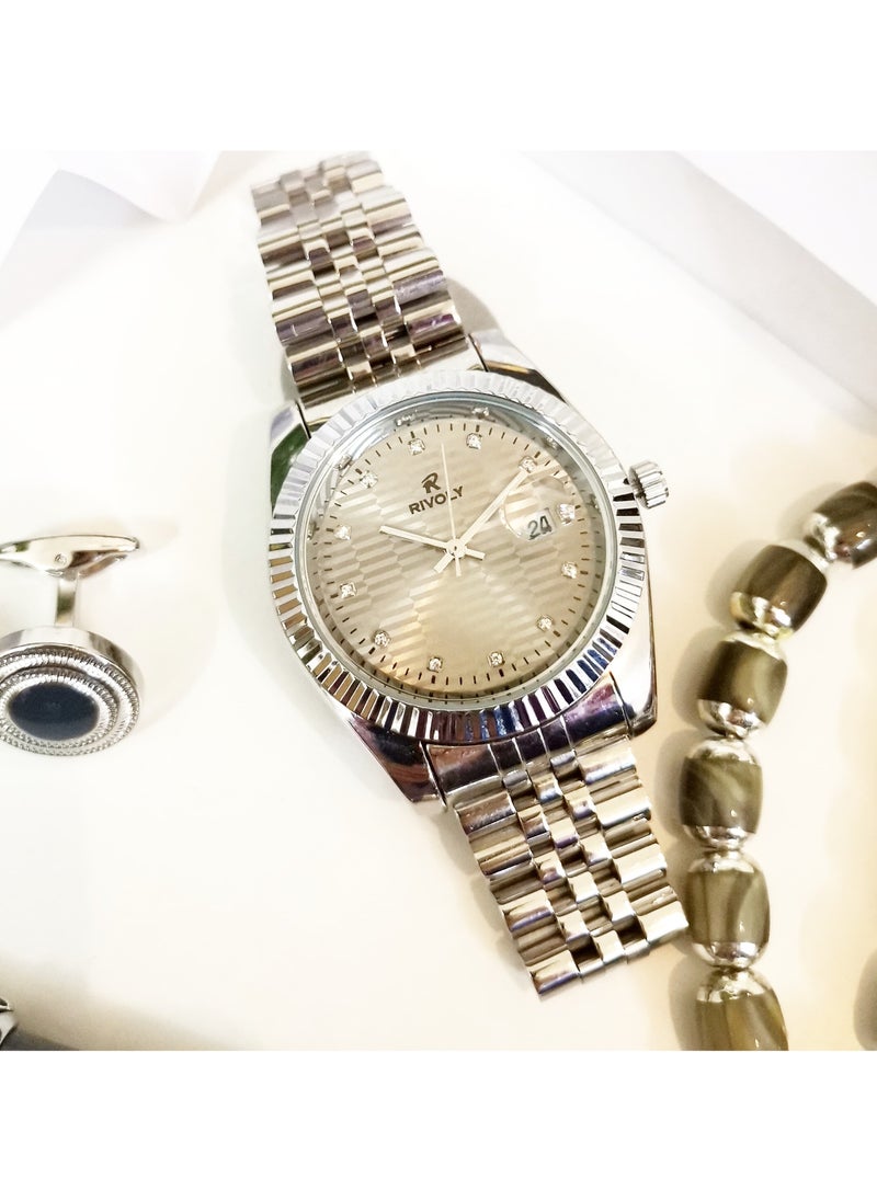 Rivoly - A wonderful stainless steel men's set consisting of a watch, a rosary, a pen and cufflinks half steel - Image 1