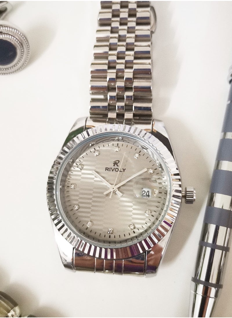 Rivoly - A wonderful stainless steel men's set consisting of a watch, a rosary, a pen and cufflinks half steel - Image 1