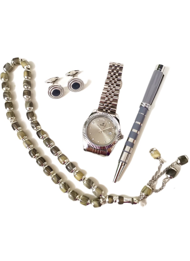 Rivoly - A wonderful stainless steel men's set consisting of a watch, a rosary, a pen and cufflinks half steel - Image 1