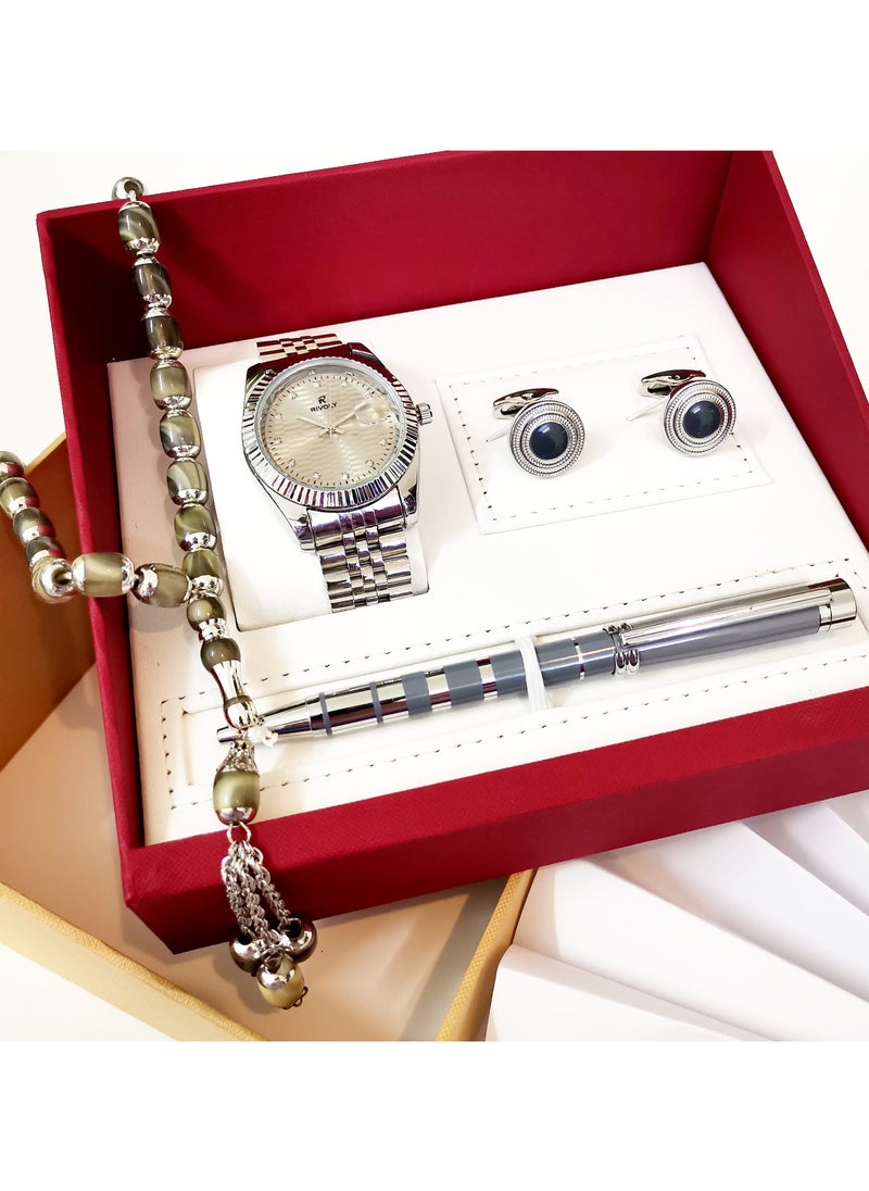 Rivoly - A wonderful stainless steel men's set consisting of a watch, a rosary, a pen and cufflinks half steel - Image 1
