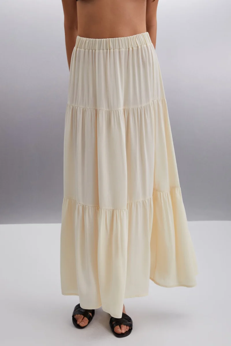 GRIMELANGE Ysadora Women's Elastic Waist Pleated Maxi Ecru Skirt