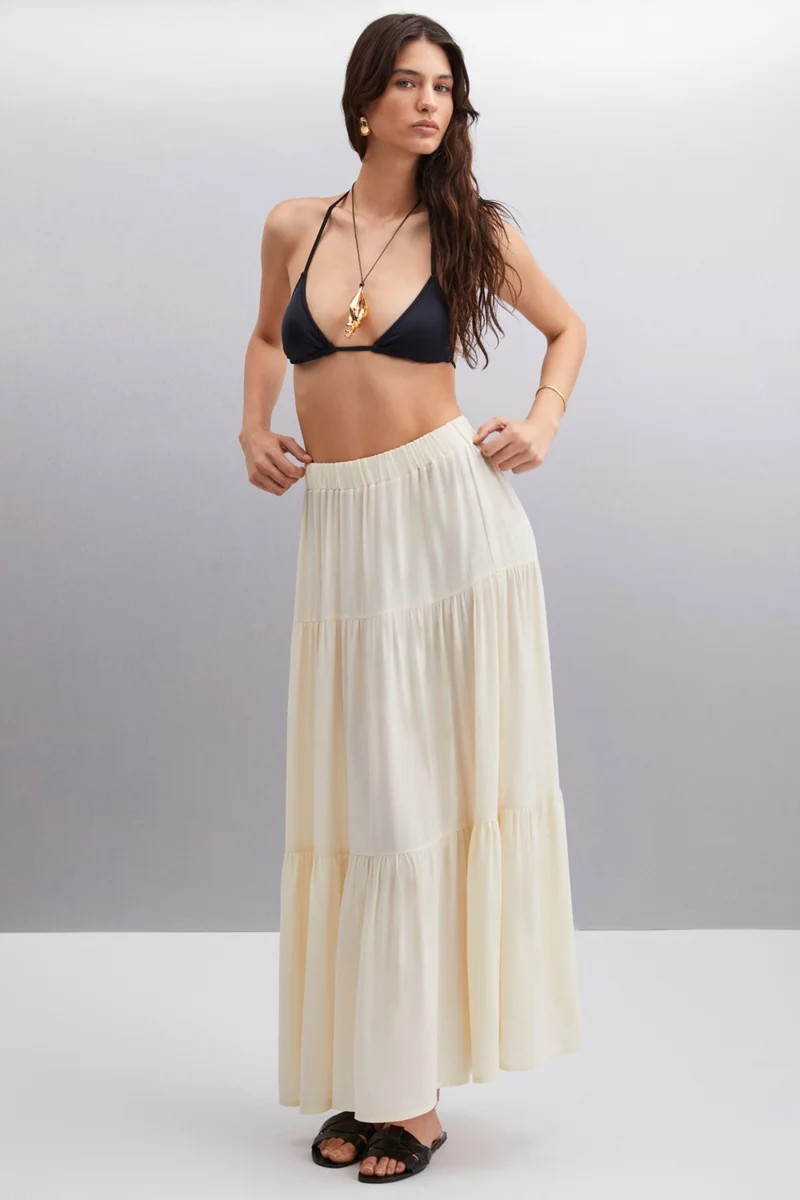GRIMELANGE Ysadora Women's Elastic Waist Pleated Maxi Ecru Skirt