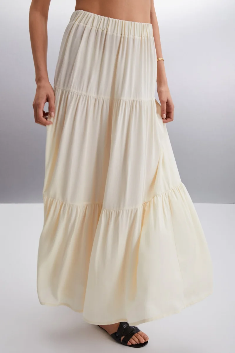 GRIMELANGE Ysadora Women's Elastic Waist Pleated Maxi Ecru Skirt