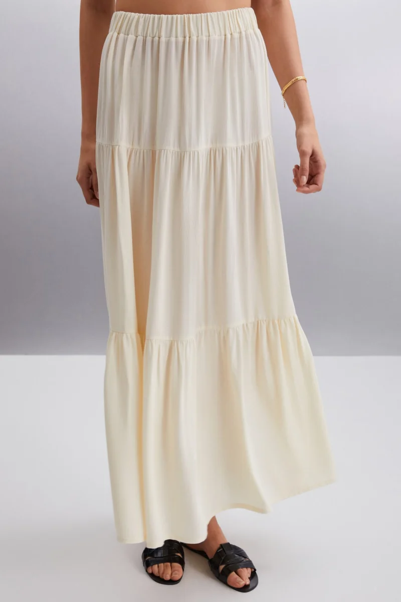 GRIMELANGE Ysadora Women's Elastic Waist Pleated Maxi Ecru Skirt