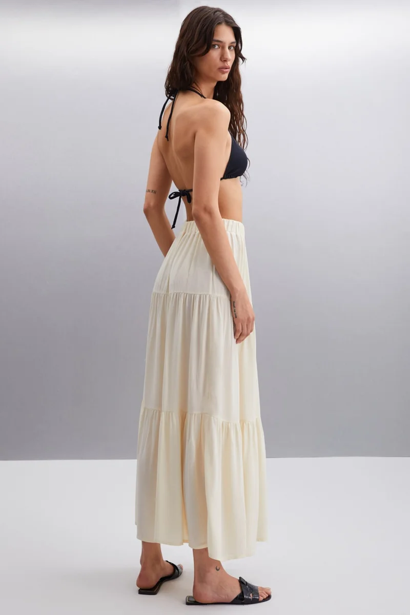 GRIMELANGE Ysadora Women's Elastic Waist Pleated Maxi Ecru Skirt