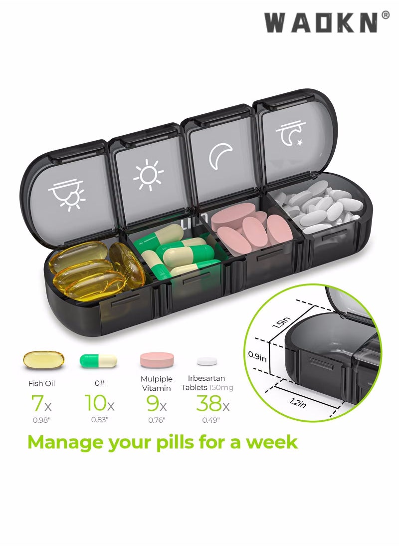 WAOKN - Weekly Pill Organizer, 7 Daily Large Pill Box Cases, Portable Pill Case, 4 Times a Day, BPA Free, Easy to Carry, to Hold Fish Oils, Vitamins, Supplements, Medication, Black - Image 1