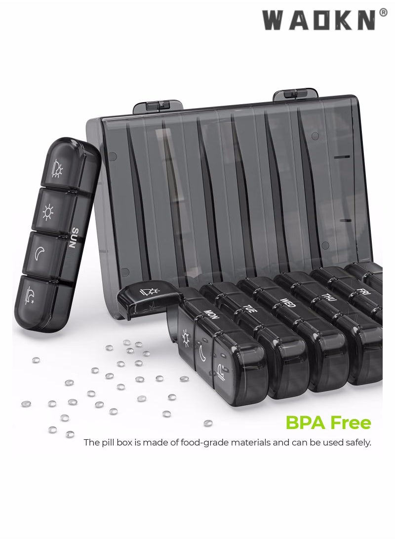 WAOKN - Weekly Pill Organizer, 7 Daily Large Pill Box Cases, Portable Pill Case, 4 Times a Day, BPA Free, Easy to Carry, to Hold Fish Oils, Vitamins, Supplements, Medication, Black - Image 1