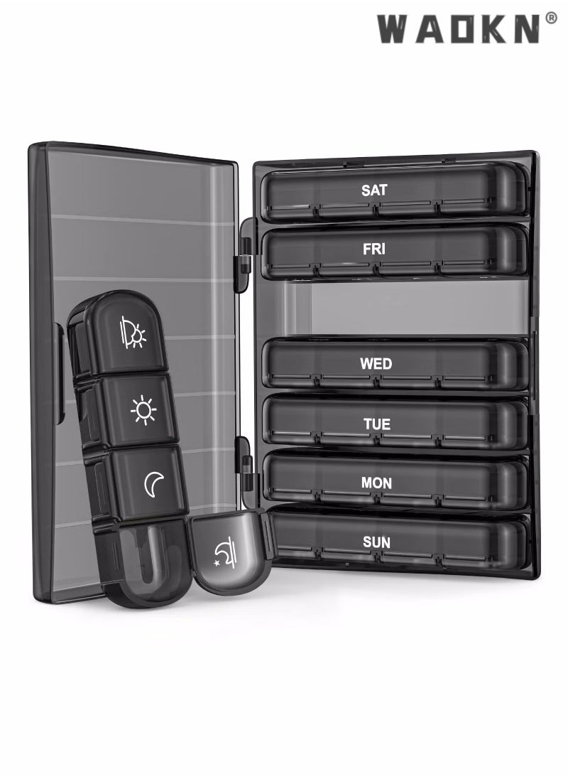 WAOKN - Weekly Pill Organizer, 7 Daily Large Pill Box Cases, Portable Pill Case, 4 Times a Day, BPA Free, Easy to Carry, to Hold Fish Oils, Vitamins, Supplements, Medication, Black - Image 1