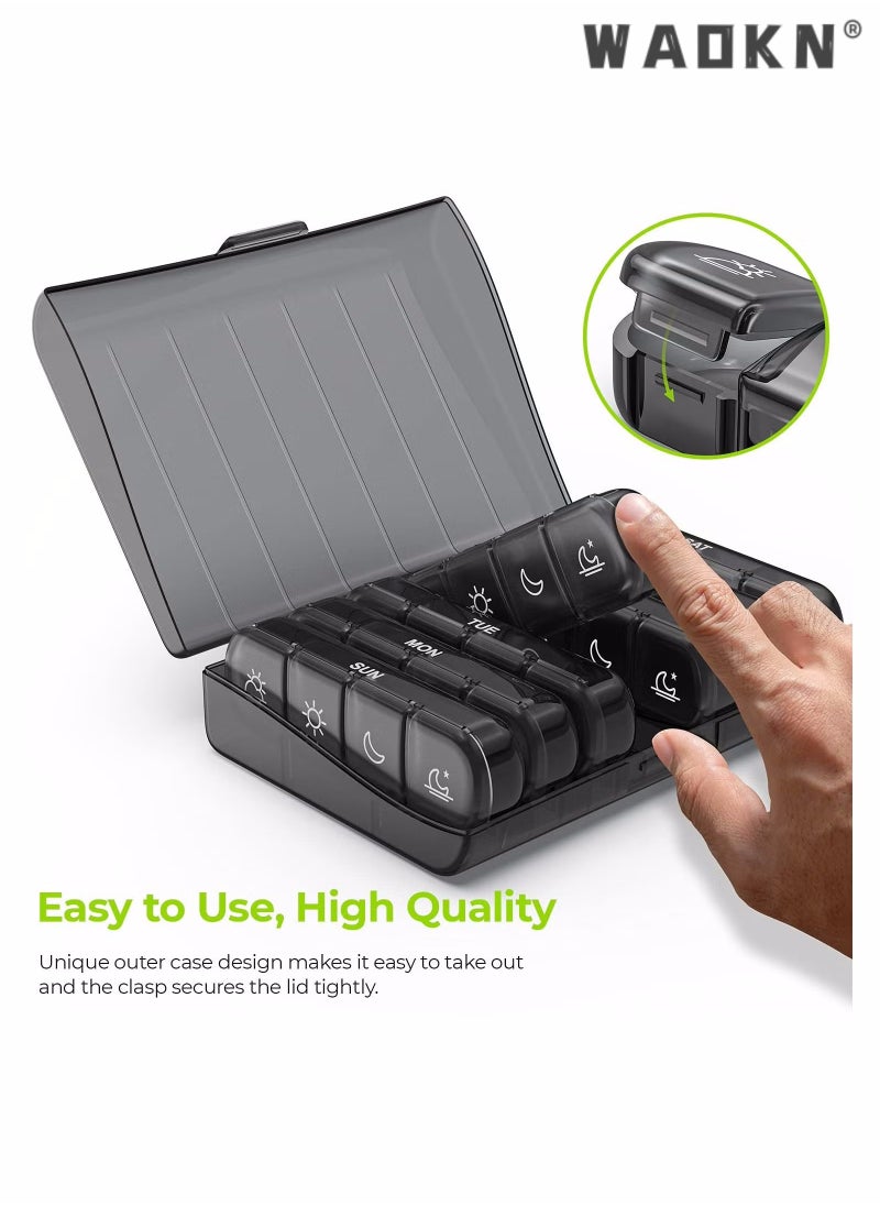 WAOKN - Weekly Pill Organizer, 7 Daily Large Pill Box Cases, Portable Pill Case, 4 Times a Day, BPA Free, Easy to Carry, to Hold Fish Oils, Vitamins, Supplements, Medication, Black - Image 1