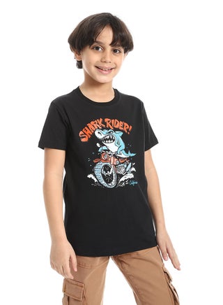 Round Neck Printed Short Sleeve Boy T-shirt_Black Shadow