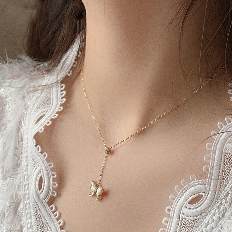 Clavicle chain Korea 14k gold bow clavicle chain personality fashion necklace net red ins simple cold wind - Image 3