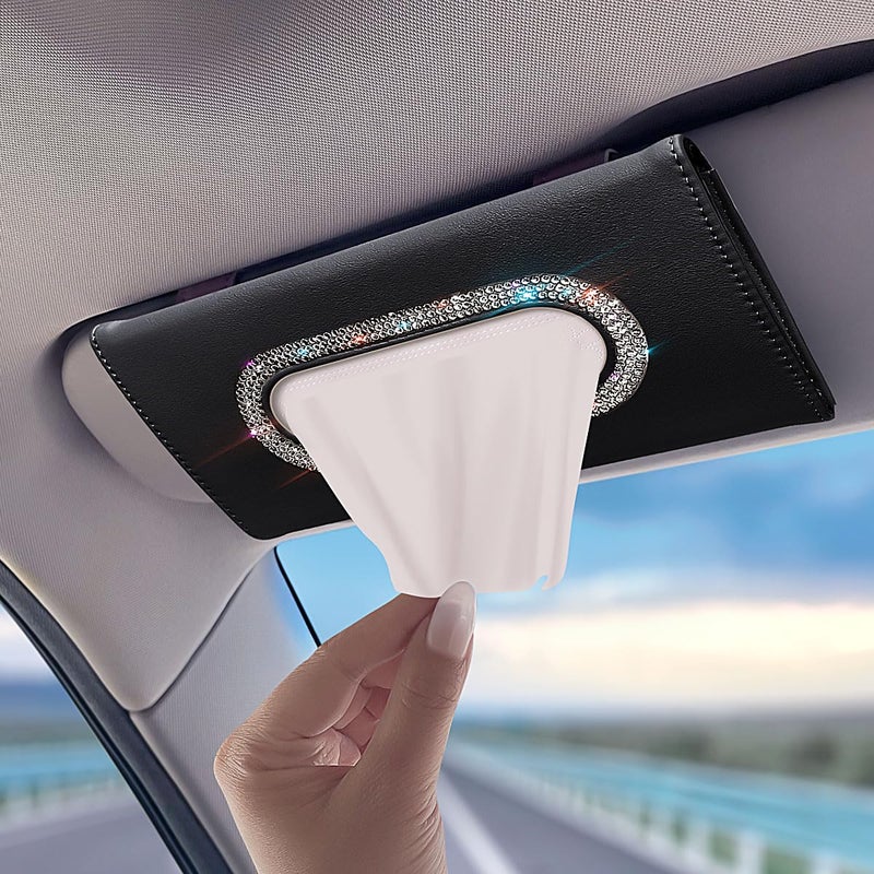 Murimt Bling Car Visor Tissue Holder Diamond Mask Holder PU Leather Tissue Box Holder Wipes Case Sun Visor Napkin Holder Black - Image 3