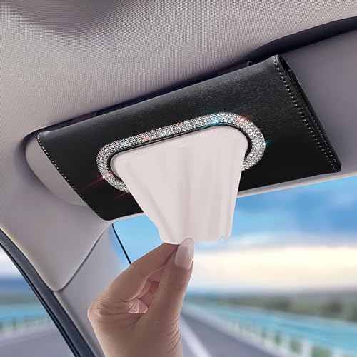 Murimt Bling Car Visor Tissue Holder Diamond Mask Holder PU Leather Tissue Box Holder Wipes Case Sun Visor Napkin Holder Black - Image 1
