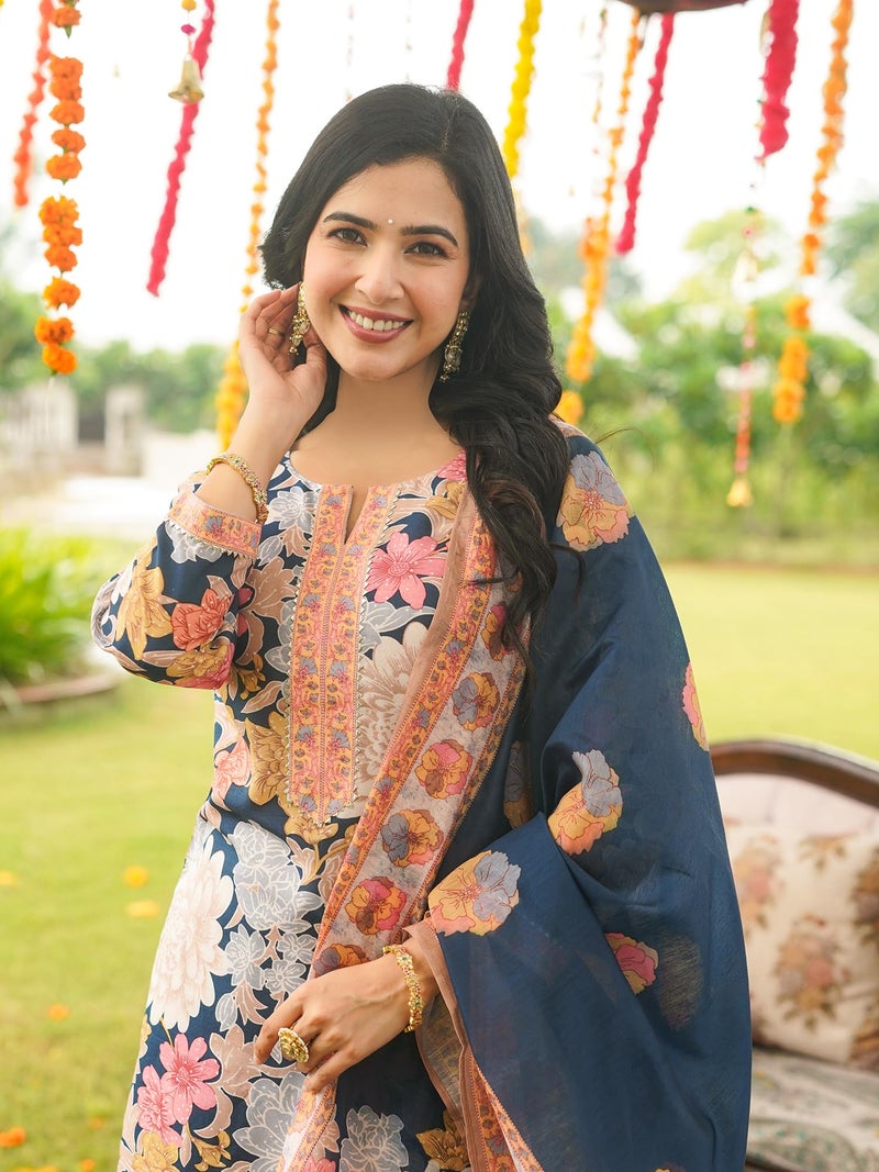 Vaamsi Women's Blue Rayon Blend Printed Straight Floral Kurta Trousers With Dupatta Set | Daily Straight Kurta Set For Women | Floral Salwar Suit For Women (VKSKD2415, L) - Image 2