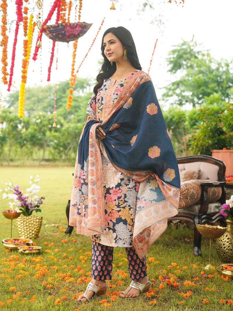 Vaamsi Women's Blue Rayon Blend Printed Straight Floral Kurta Trousers With Dupatta Set | Daily Straight Kurta Set For Women | Floral Salwar Suit For Women (VKSKD2415, L) - Image 3