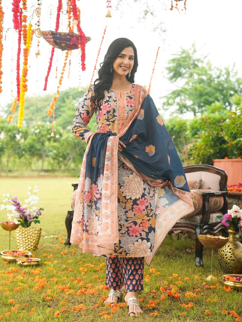 Vaamsi Women's Blue Rayon Blend Printed Straight Floral Kurta Trousers With Dupatta Set | Daily Straight Kurta Set For Women | Floral Salwar Suit For Women (VKSKD2415, L) - Image 5