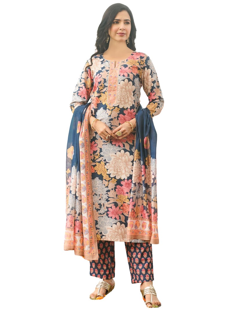 Vaamsi Women's Blue Rayon Blend Printed Straight Floral Kurta Trousers With Dupatta Set | Daily Straight Kurta Set For Women | Floral Salwar Suit For Women (VKSKD2415, L) - Image 1