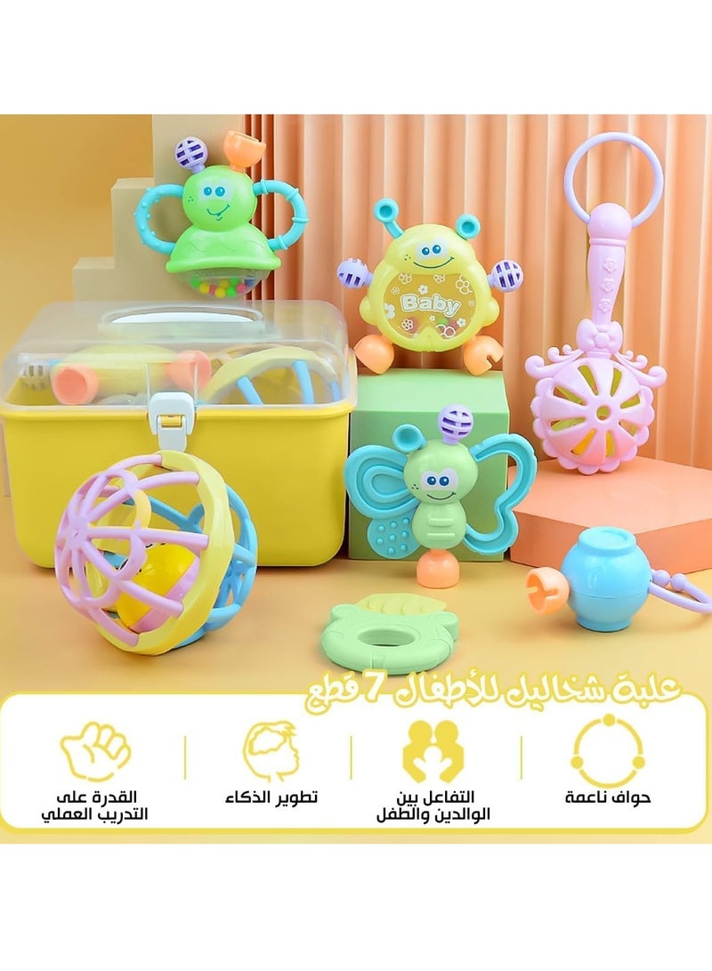 مجموعة خشخيشة للأطفال مكونة من 7 قطع من المطاط الناعم الحسي للاطفال الرضع وحديثي الولادة لون (أصفر) - Image 3