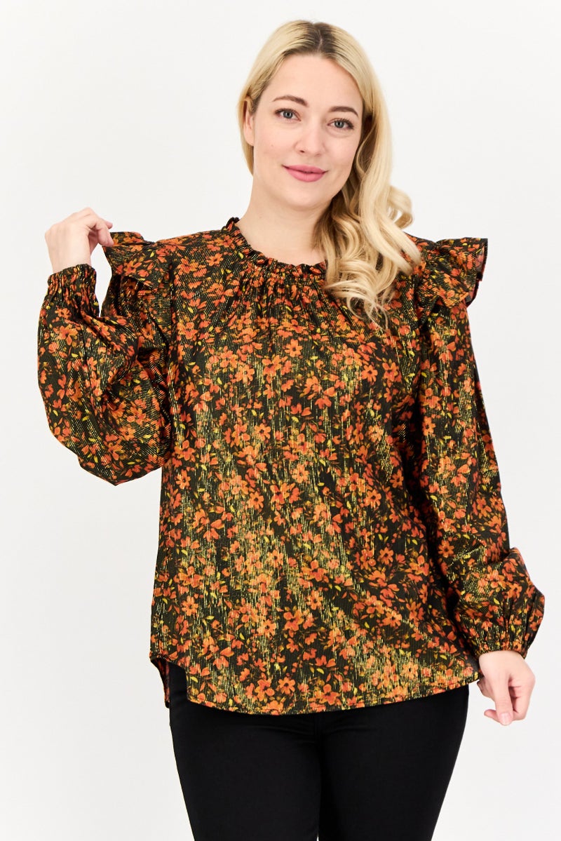 GAP Women Round Neck Long Sleeve Floral Print Blouse, Multicolor - Image 1